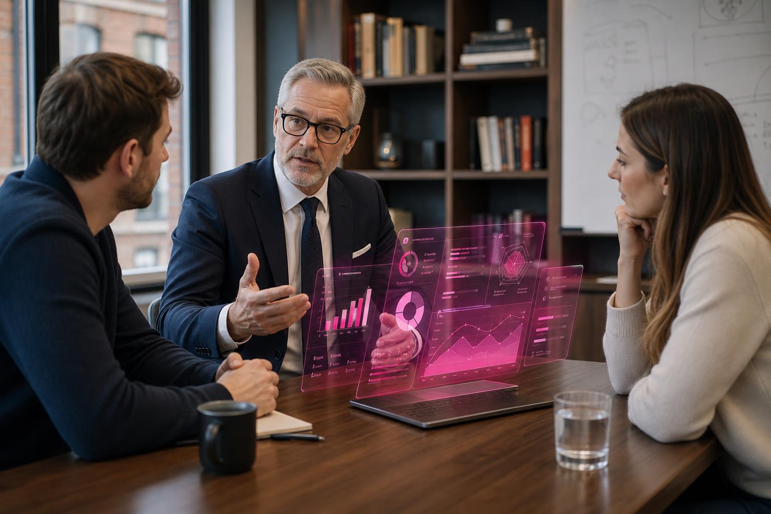 Creative Marketing Group AI Marketing Consulting — senior British consultant walking SME founders through an AI marketing maturity assessment and tech-stack roadmap in a Manchester boardroom