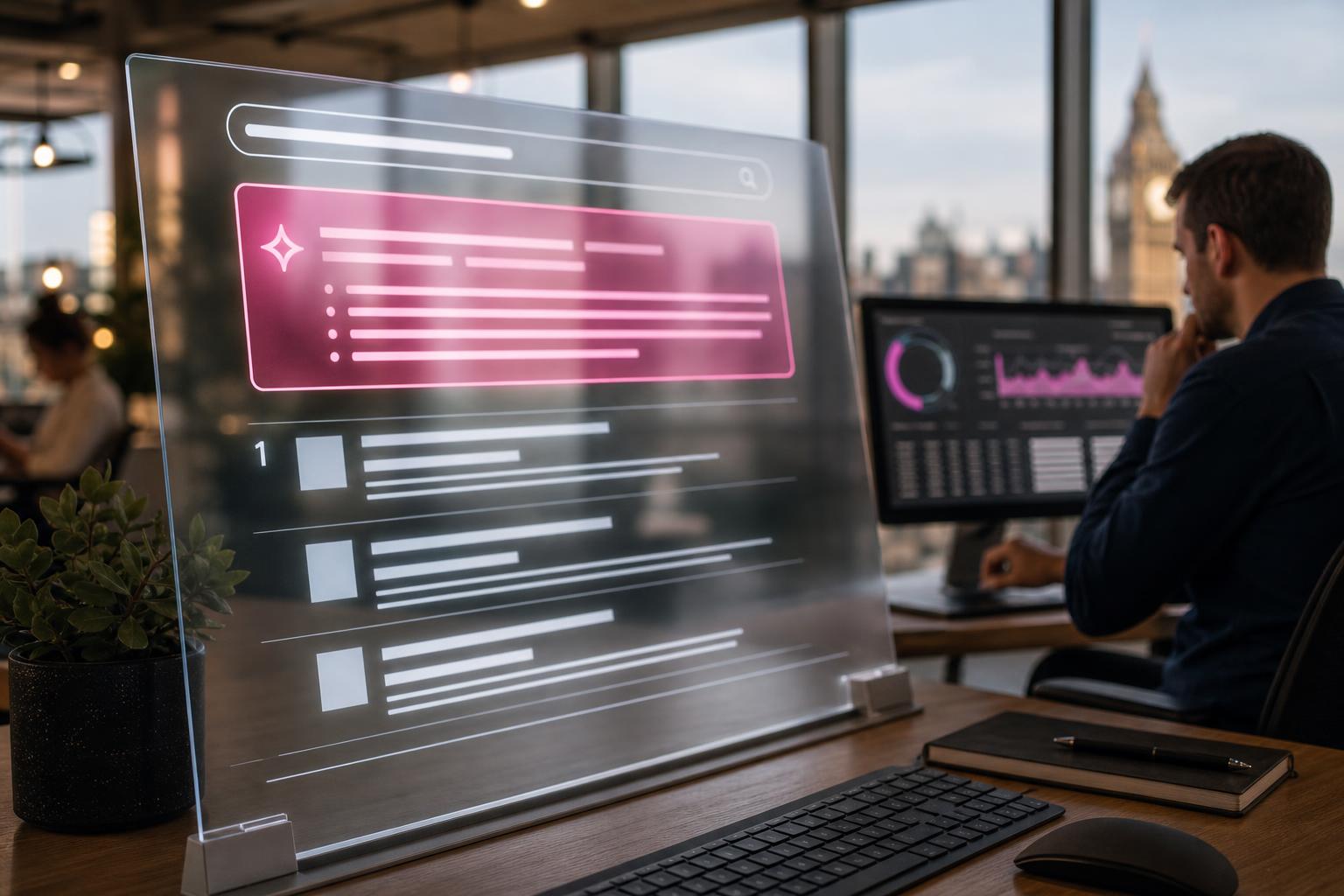 Creative Marketing Group AI-Powered SEO — translucent Google SERP showing a UK business ranked #1 beneath a magenta AI Overview block in a London co-working space